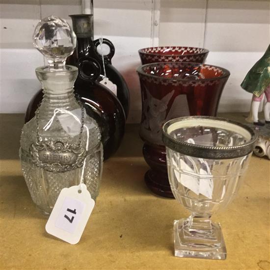 Two ruby glass vases, cut glass sherry decanter (with silver label), 2 19C brown glass bottles & 2 plate-mounted items